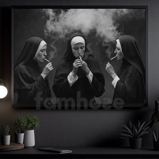 Funny Nun Canvas Painting, Smoking Nuns Dark Humor Wall Art Decor, Poster Gift For Nun Lovers