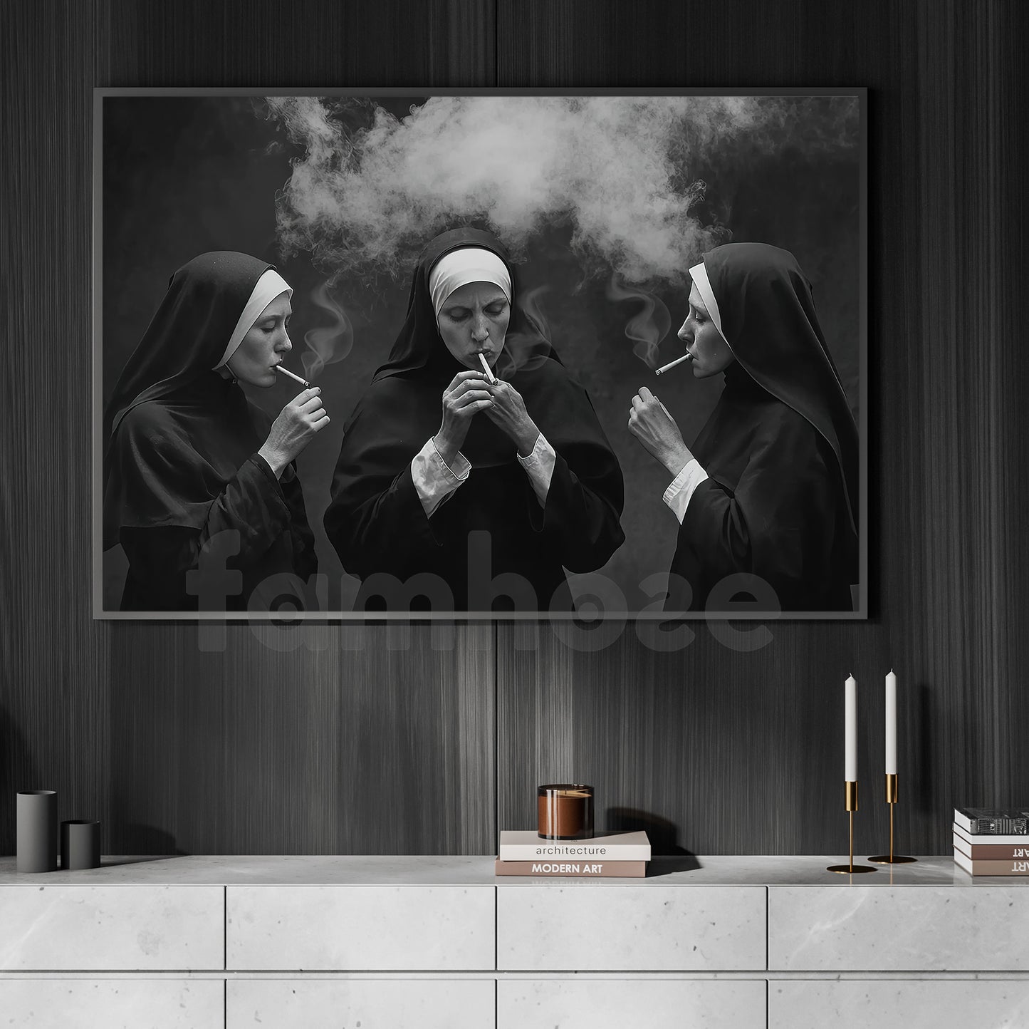 Funny Nun Canvas Painting, Smoking Nuns Dark Humor Wall Art Decor, Poster Gift For Nun Lovers
