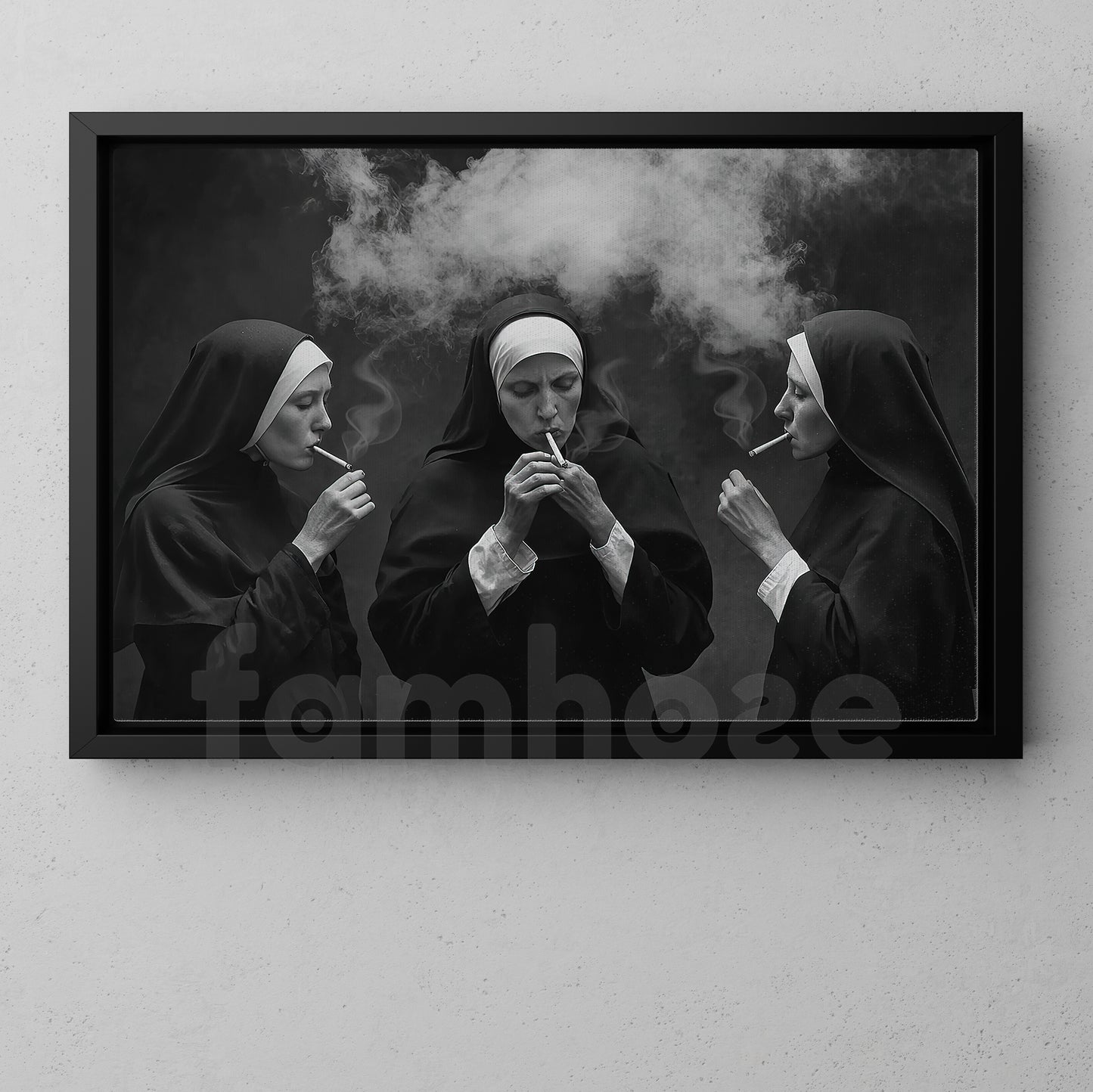 Funny Nun Canvas Painting, Smoking Nuns Dark Humor Wall Art Decor, Poster Gift For Nun Lovers