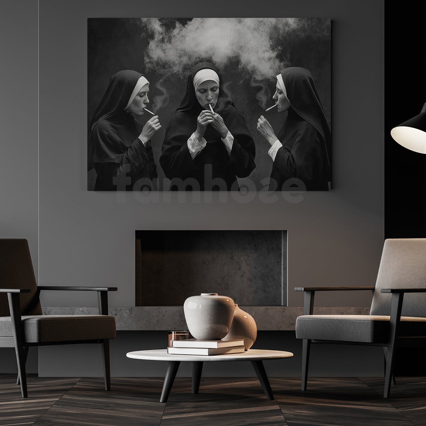 Funny Nun Canvas Painting, Smoking Nuns Dark Humor Wall Art Decor, Poster Gift For Nun Lovers