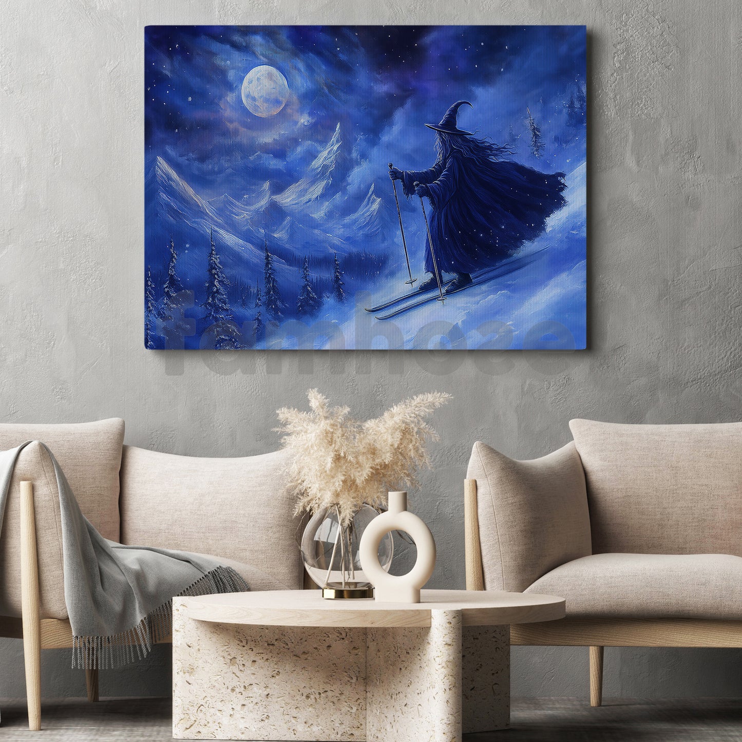 Halloween Skiing Witch Canvas Painting, Magical Ski Witch Wall Art Decor, Spooky Season Poster Gift For Skiing Lovers