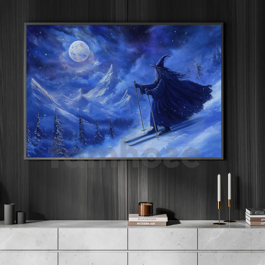 Halloween Skiing Witch Canvas Painting, Magical Ski Witch Wall Art Decor, Spooky Season Poster Gift For Skiing Lovers