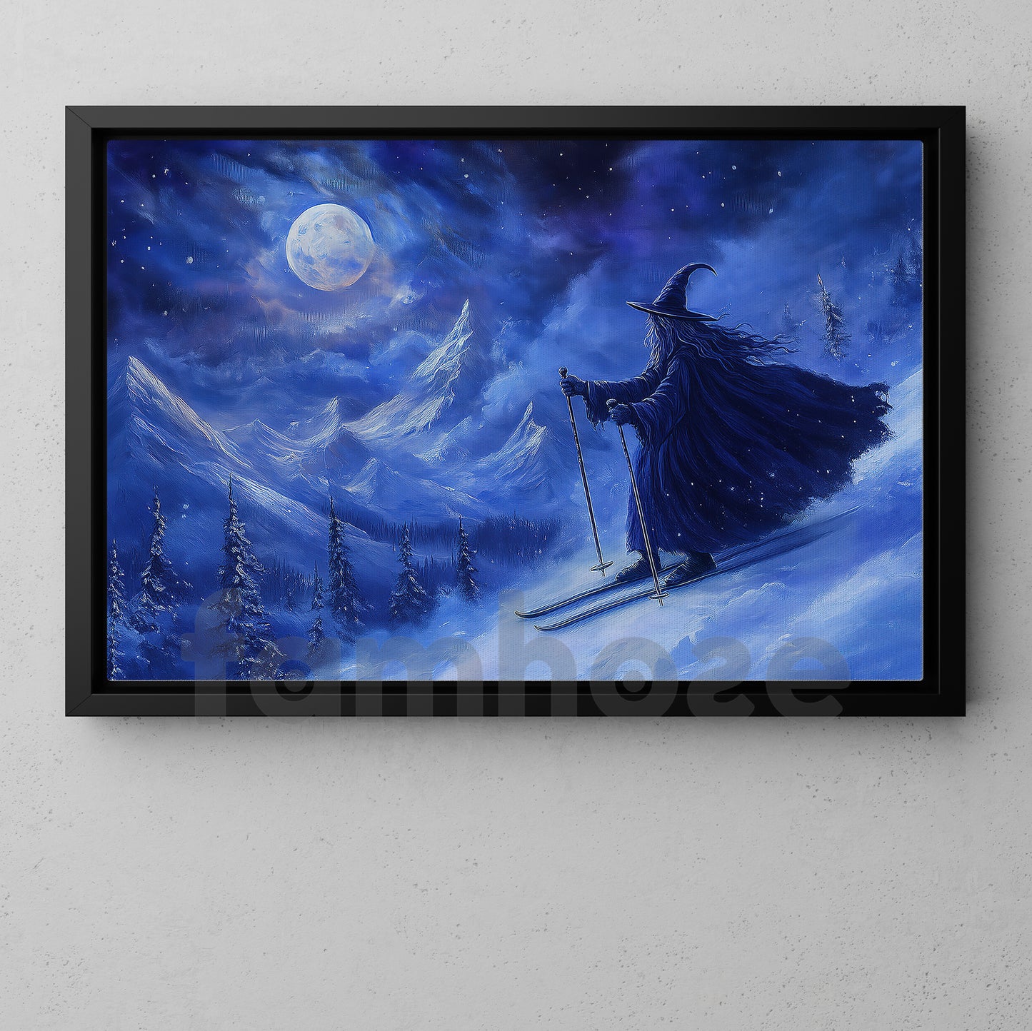 Halloween Skiing Witch Canvas Painting, Magical Ski Witch Wall Art Decor, Spooky Season Poster Gift For Skiing Lovers
