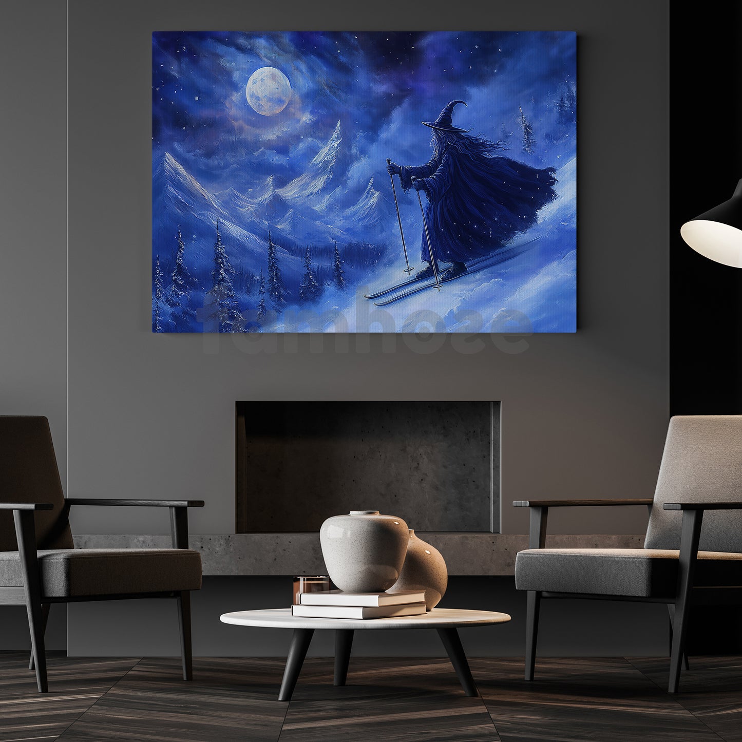Halloween Skiing Witch Canvas Painting, Magical Ski Witch Wall Art Decor, Spooky Season Poster Gift For Skiing Lovers