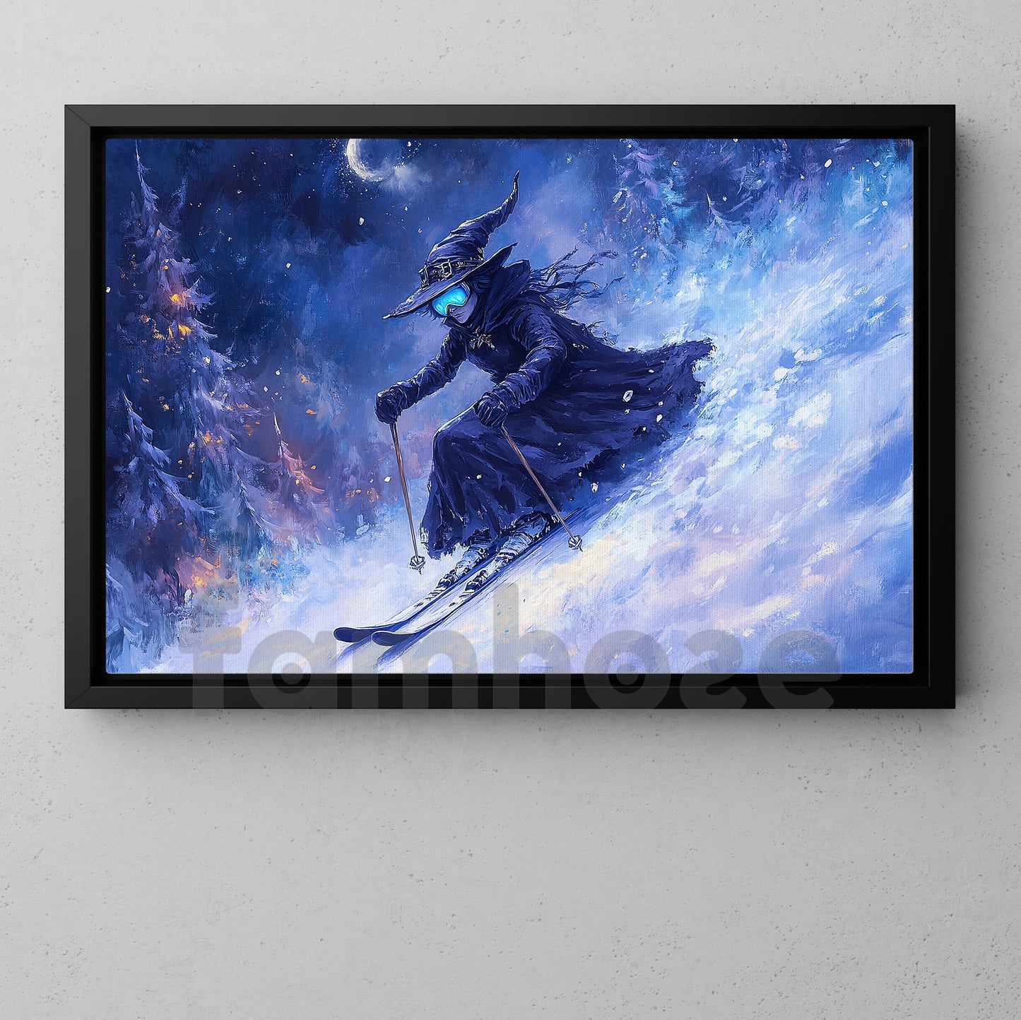 Halloween Skiing Witch Canvas Painting, Fantasy Skiing Witch Wall Art Decor, Spooky Season Poster Gift For Skiing Lovers