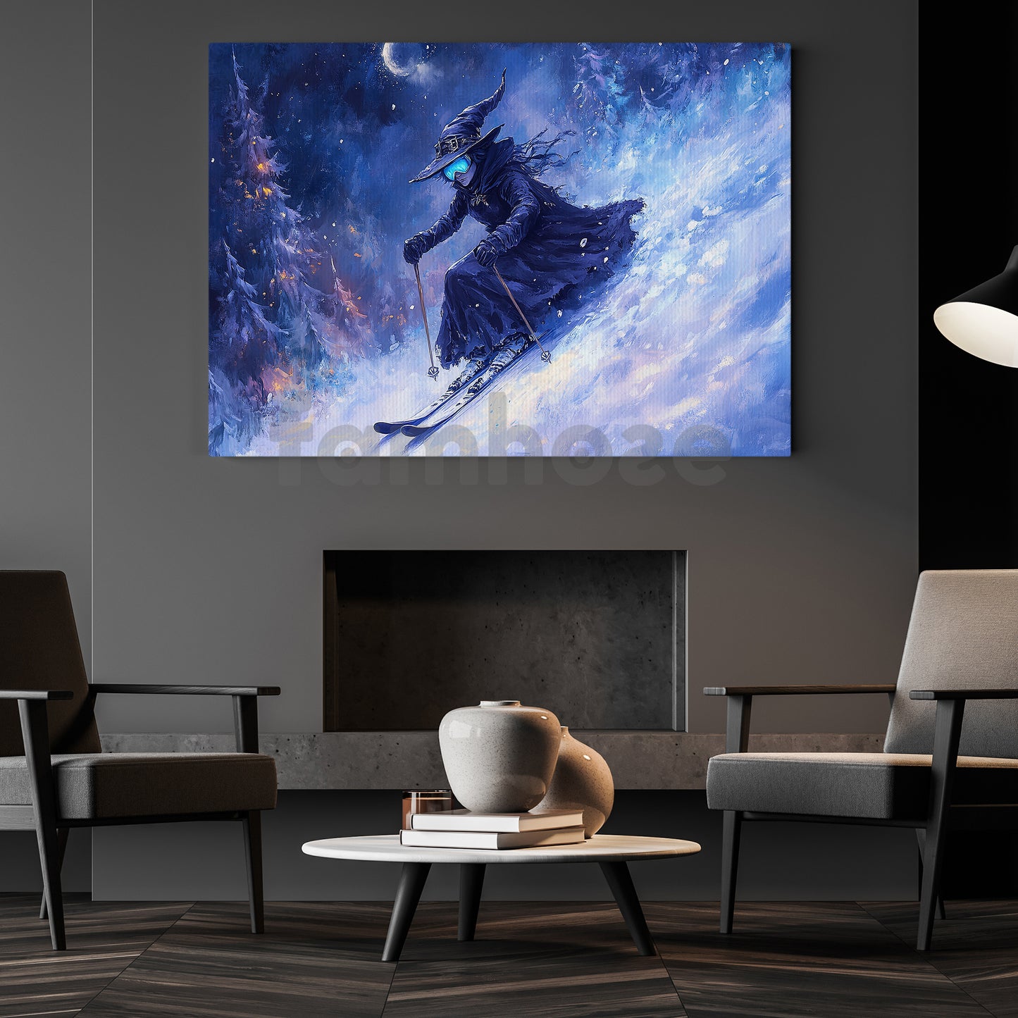 Halloween Skiing Witch Canvas Painting, Fantasy Skiing Witch Wall Art Decor, Spooky Season Poster Gift For Skiing Lovers