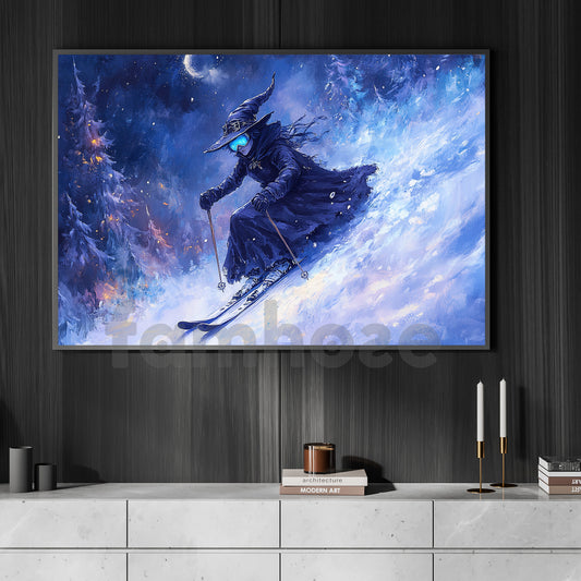 Halloween Skiing Witch Canvas Painting, Fantasy Skiing Witch Wall Art Decor, Spooky Season Poster Gift For Skiing Lovers