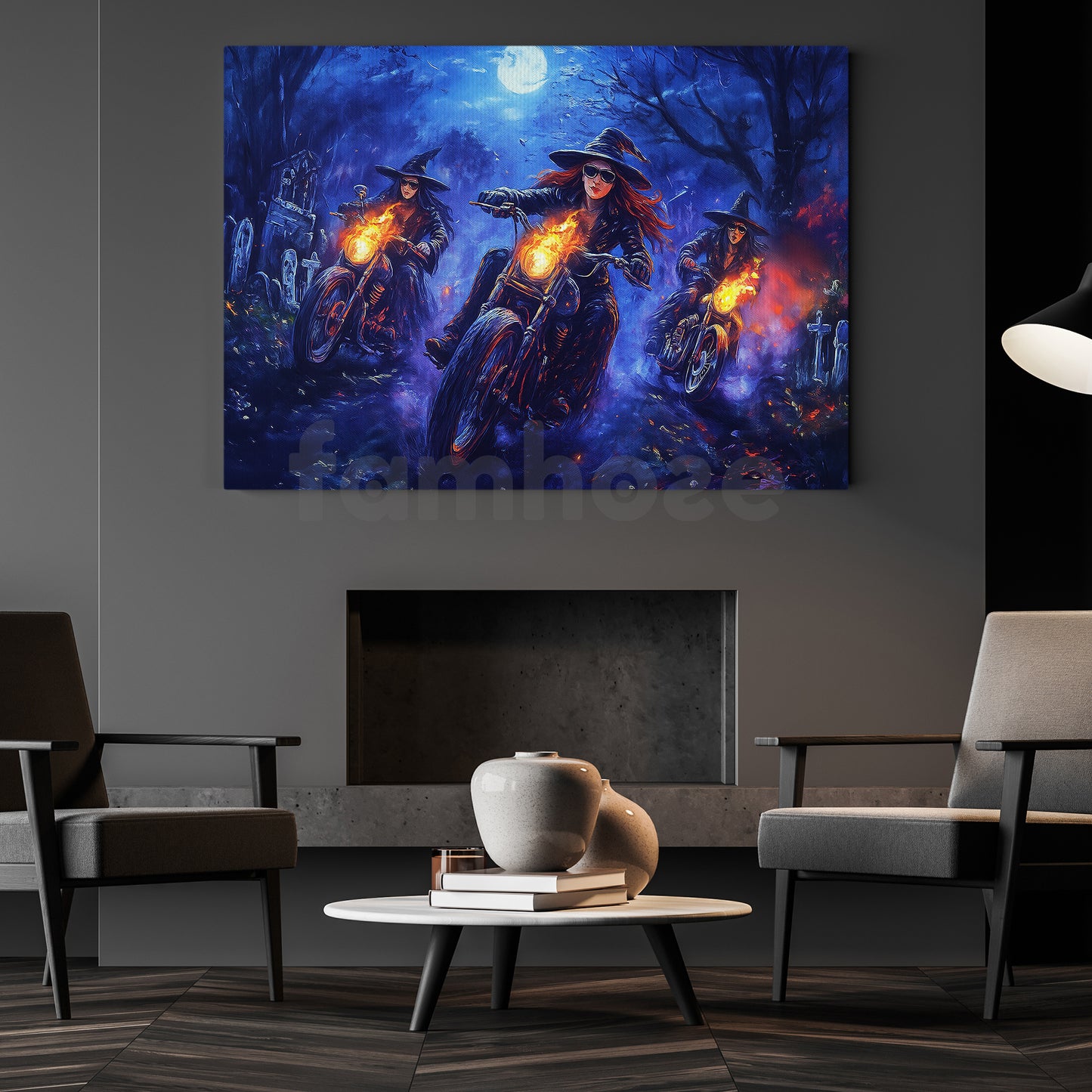 Halloween Witch Motorcycle Canvas Painting, Ride Of The Damned Wall Art Decor, Spooky Season Poster Gift For Biker