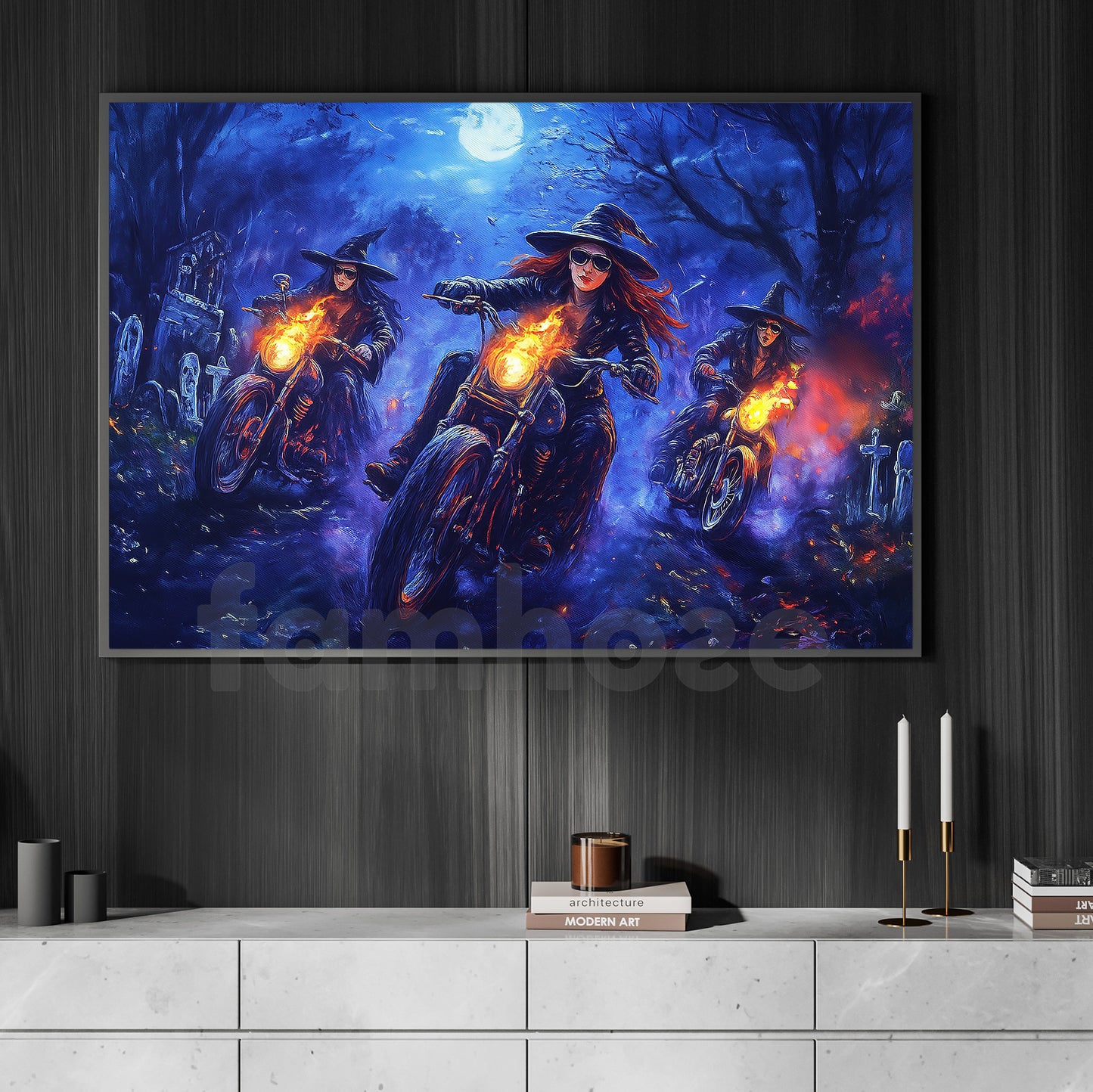 Halloween Witch Motorcycle Canvas Painting, Ride Of The Damned Wall Art Decor, Spooky Season Poster Gift For Biker