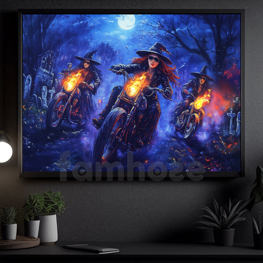 Halloween Witch Motorcycle Canvas Painting, Ride Of The Damned Wall Art Decor, Spooky Season Poster Gift For Biker