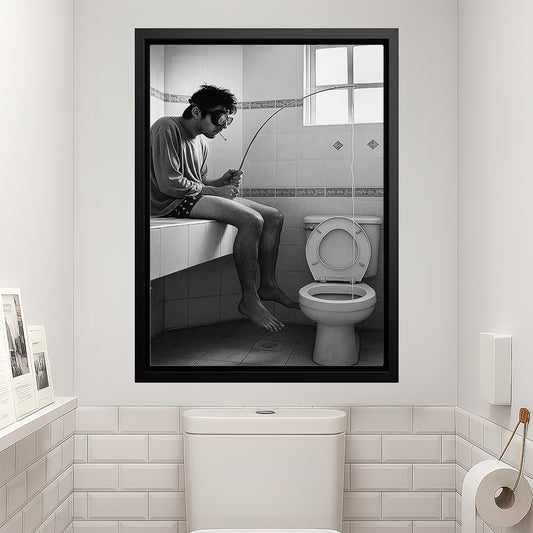 Vintage Toilet Canvas Painting, Man Fishing In Toilet Funny Wall Art Decor, Poster Gift For Toilet Lovers