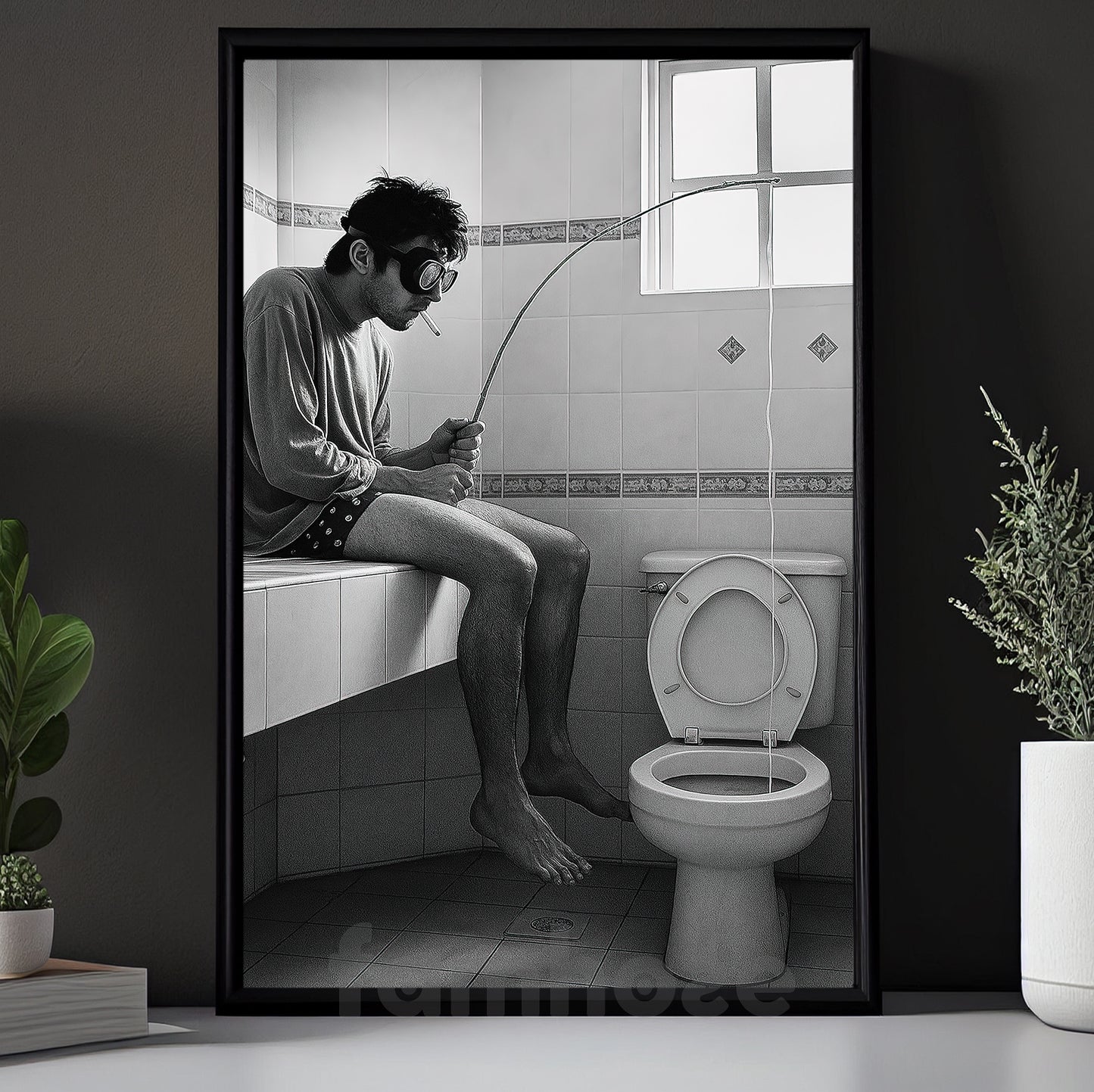 Vintage Toilet Canvas Painting, Man Fishing In Toilet Funny Wall Art Decor, Bathroom Poster Gift