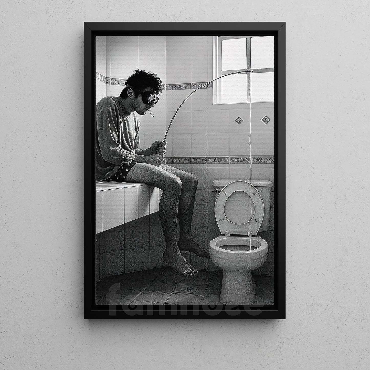 Vintage Toilet Canvas Painting, Man Fishing In Toilet Funny Wall Art Decor, Bathroom Poster Gift