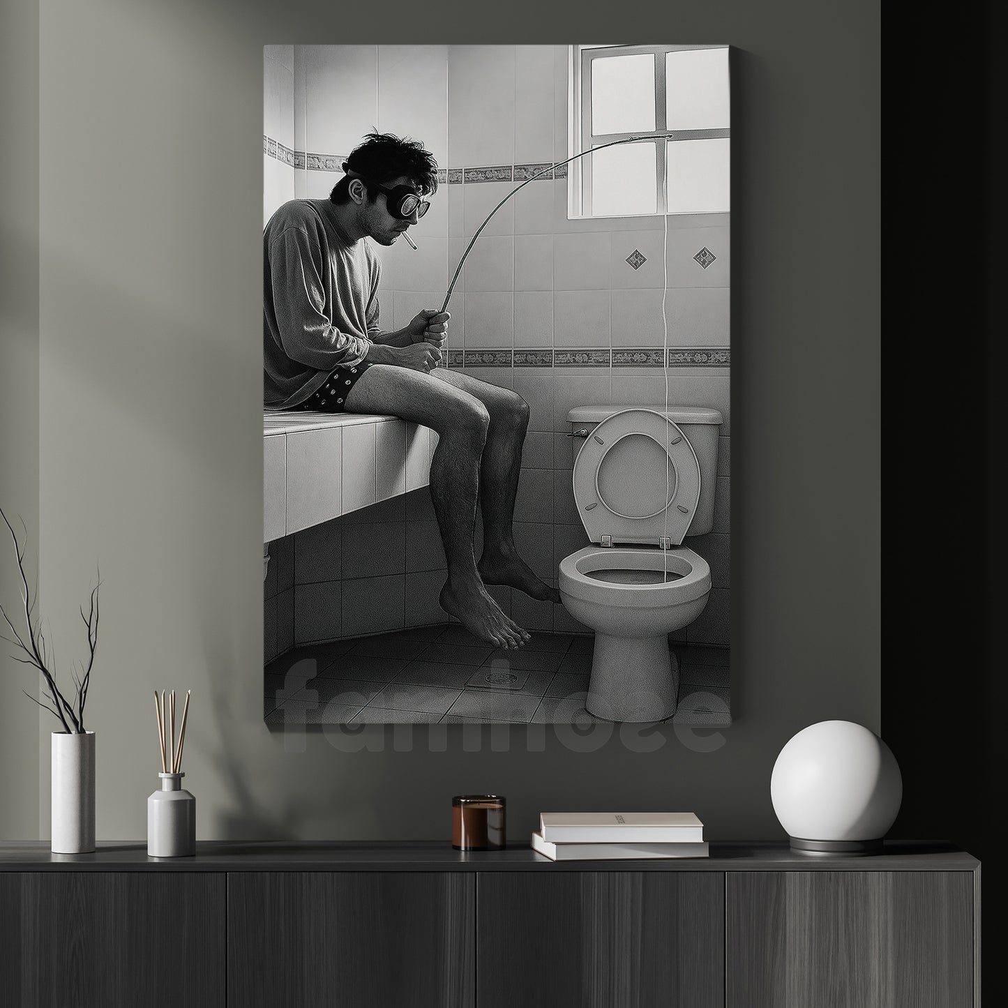 Vintage Toilet Canvas Painting, Man Fishing In Toilet Funny Wall Art Decor, Bathroom Poster Gift