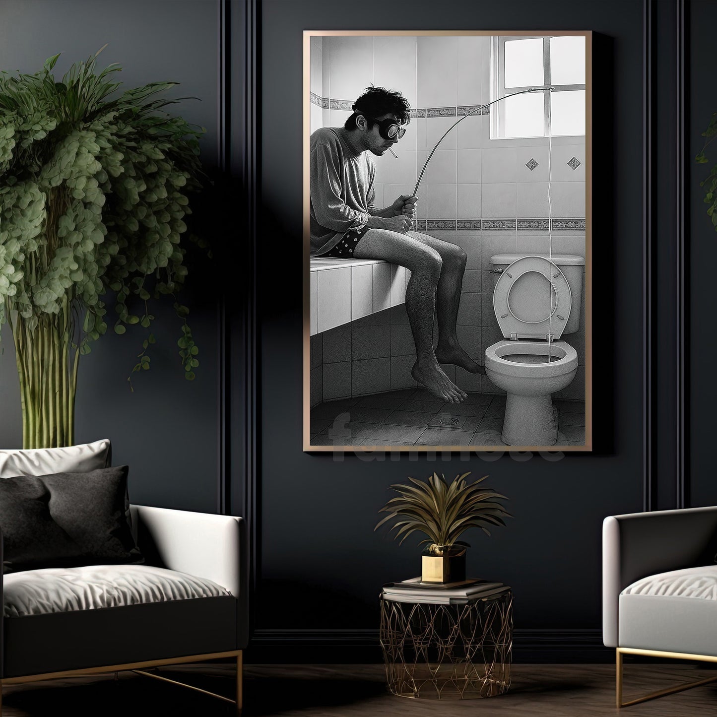 Vintage Toilet Canvas Painting, Man Fishing In Toilet Funny Wall Art Decor, Bathroom Poster Gift
