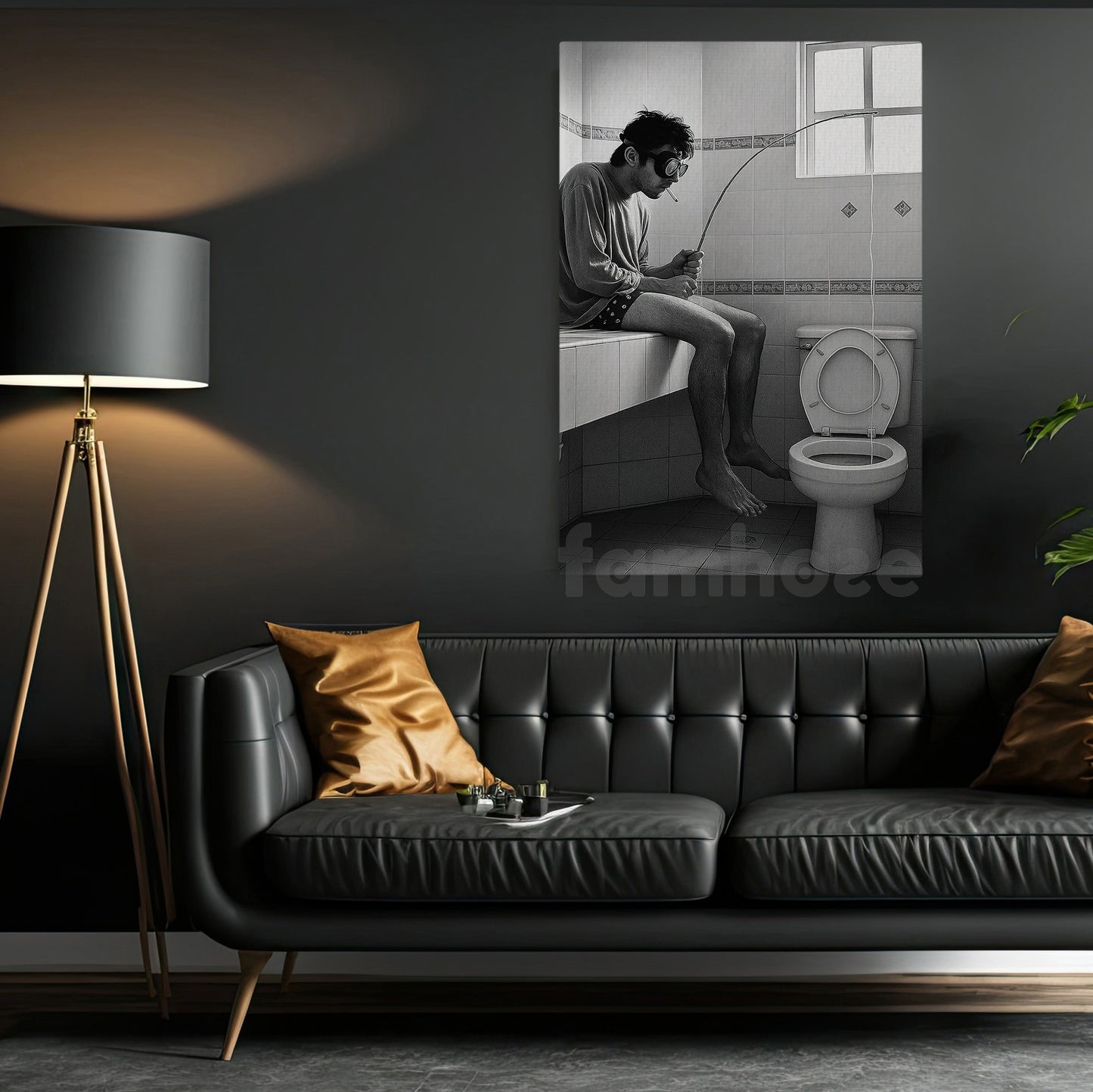 Vintage Toilet Canvas Painting, Man Fishing In Toilet Funny Wall Art Decor, Bathroom Poster Gift