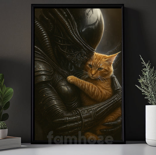 Cat & Alien Canvas Painting, Alien Hugging Cat Wall Art Decor, Poster Gift For Cat Lover