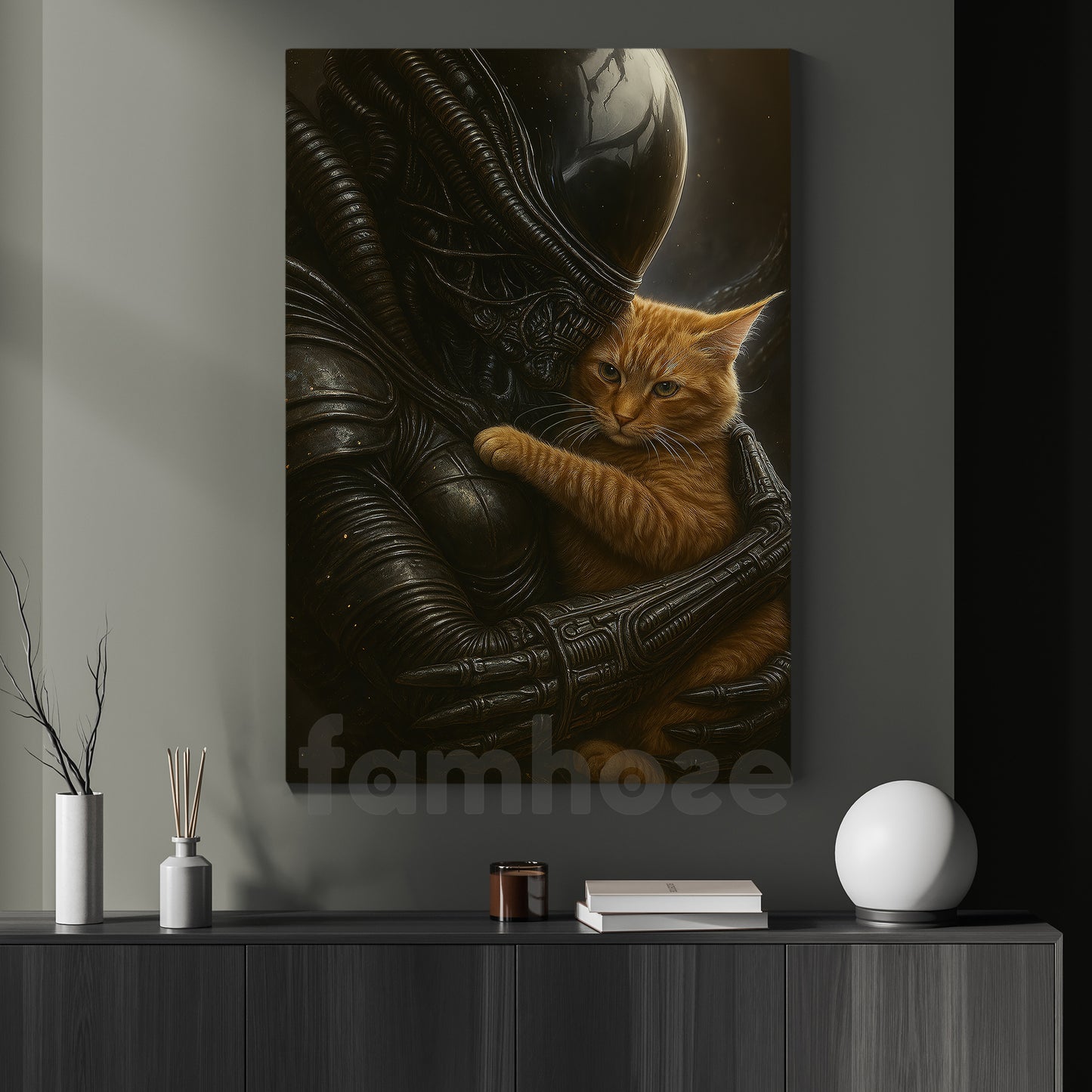 Cat & Alien Canvas Painting, Alien Hugging Cat Wall Art Decor, Poster Gift For Cat Lover