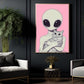 Cute Cat Alien Canvas Painting, Gentle Alien Hugging Cat Wall Art Decor, Poster Gift For Cat Lovers, Alien Lovers