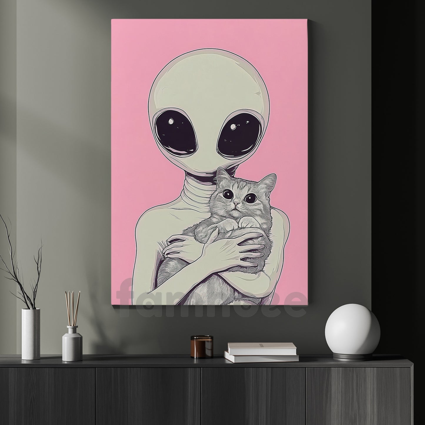 Cute Cat Alien Canvas Painting, Gentle Alien Hugging Cat Wall Art Decor, Poster Gift For Cat Lovers, Alien Lovers