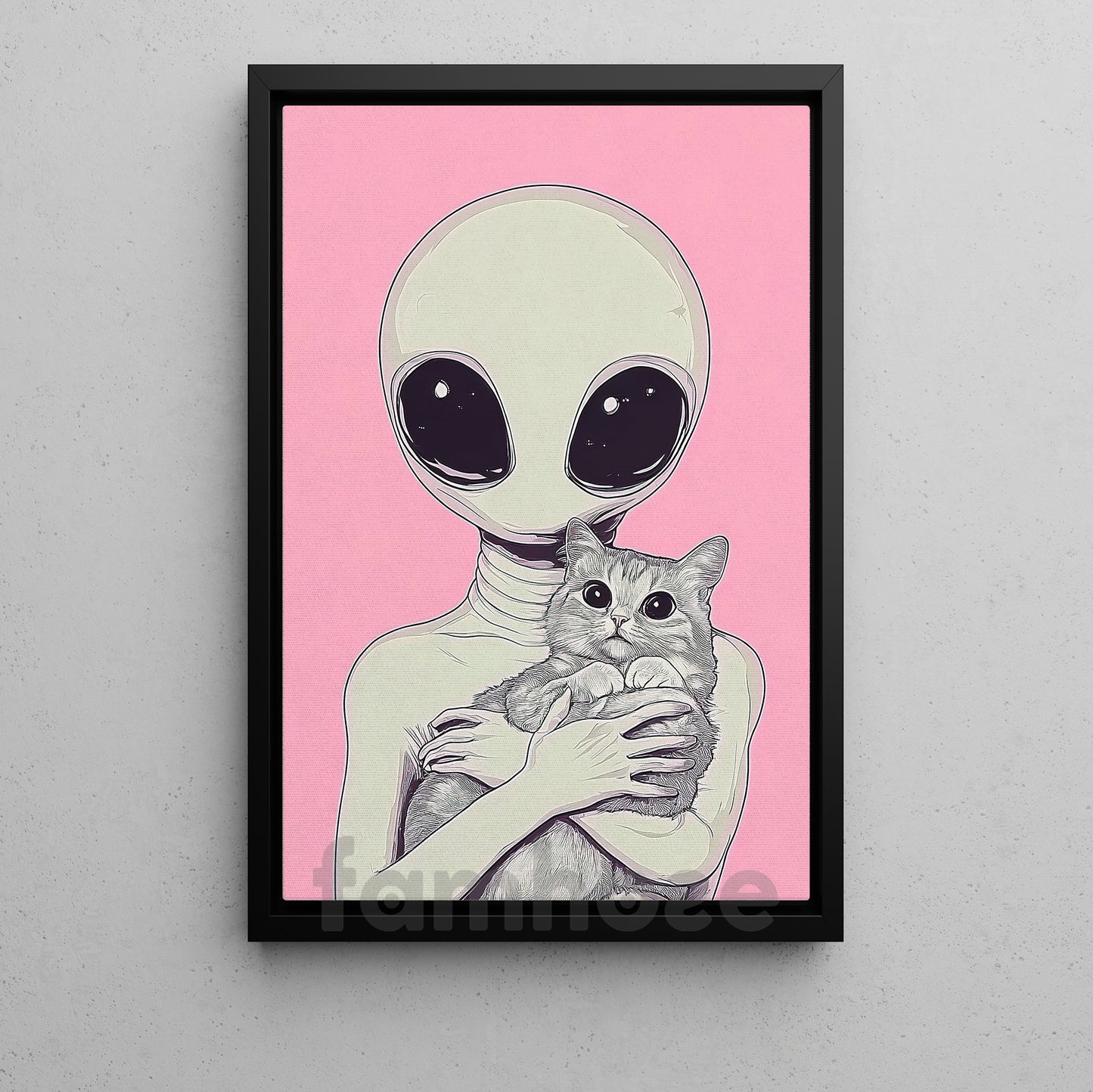 Cute Cat Alien Canvas Painting, Gentle Alien Hugging Cat Wall Art Decor, Poster Gift For Cat Lovers, Alien Lovers