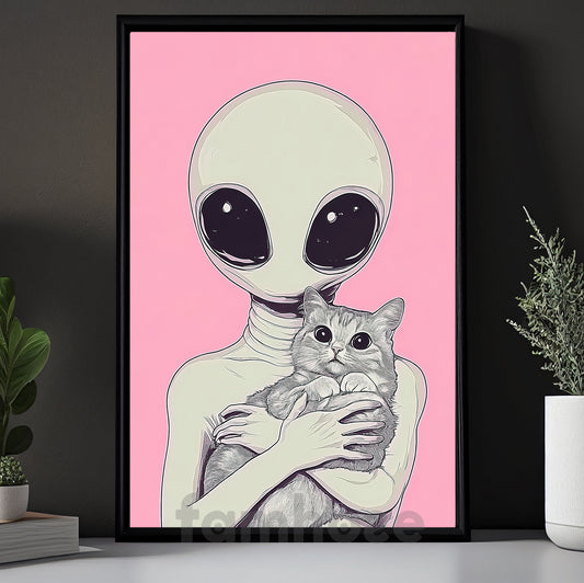 Cute Cat Alien Canvas Painting, Gentle Alien Hugging Cat Wall Art Decor, Poster Gift For Cat Lovers, Alien Lovers