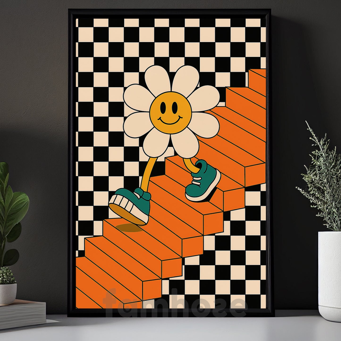 Retro Smiley Flower Canvas Painting, Trippy Flower Walking On Stairs Wall Art Decor, Groovy Poster Gift Bedroom Or Studio