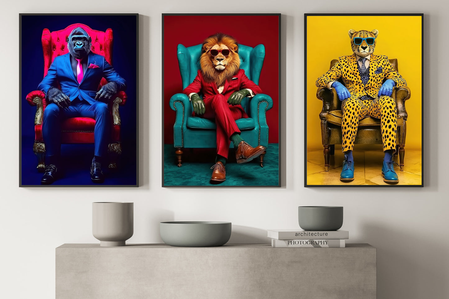 Set Of 3 Gorilla Lion Leopard Canvas Painting, The Gentlemen Of The Wild Wall Art Decor, Poster Gift For Wild Animals Lovers
