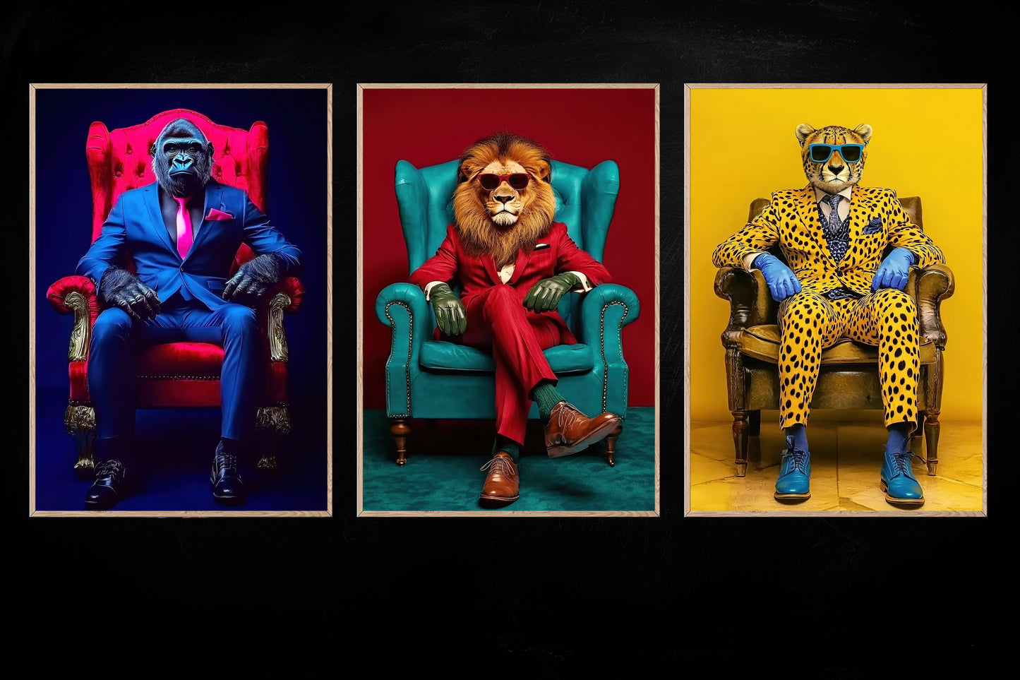 Set Of 3 Gorilla Lion Leopard Canvas Painting, The Gentlemen Of The Wild Wall Art Decor, Poster Gift For Wild Animals Lovers