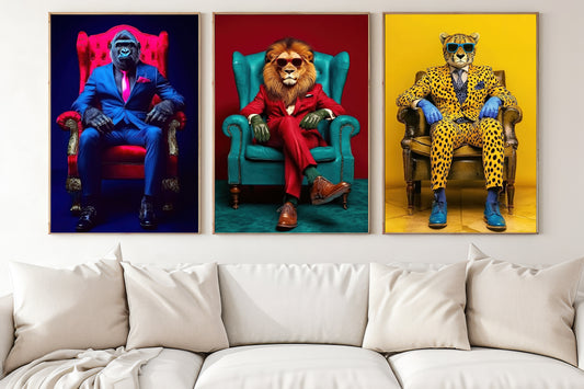 Set Of 3 Gorilla Lion Leopard Canvas Painting, The Gentlemen Of The Wild Wall Art Decor, Poster Gift For Wild Animals Lovers
