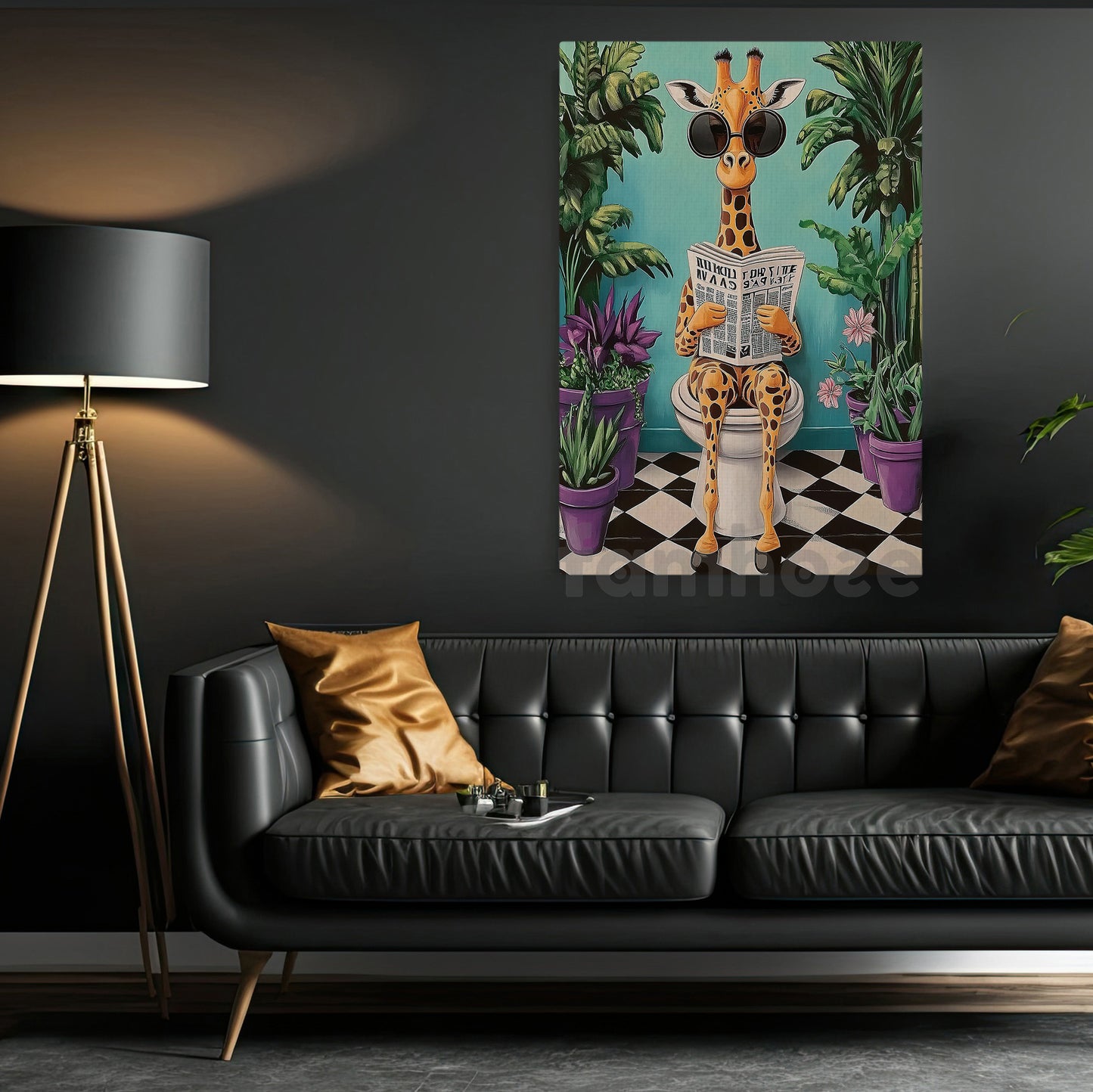 Funny Giraffe Toilet Canvas Painting, Cool Giraffe Reading Newspaper Bathroom Wall Art Decor, Restroom Poster Gift For Giraffe Lovers