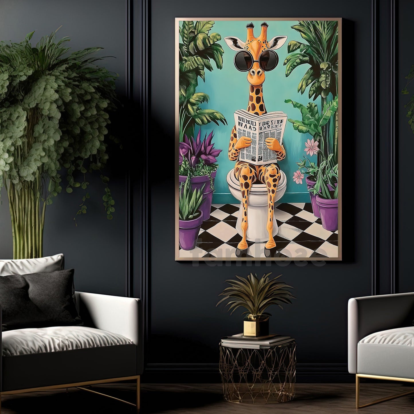 Funny Giraffe Toilet Canvas Painting, Cool Giraffe Reading Newspaper Bathroom Wall Art Decor, Restroom Poster Gift For Giraffe Lovers