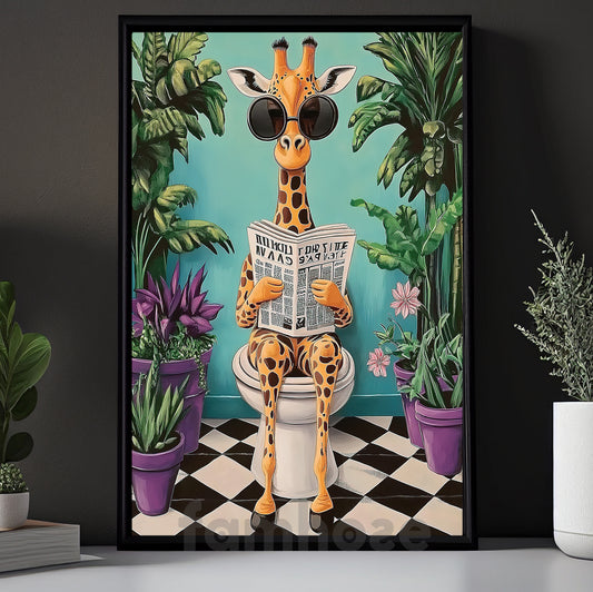 Funny Giraffe Toilet Canvas Painting, Cool Giraffe Reading Newspaper Bathroom Wall Art Decor, Restroom Poster Gift For Giraffe Lovers