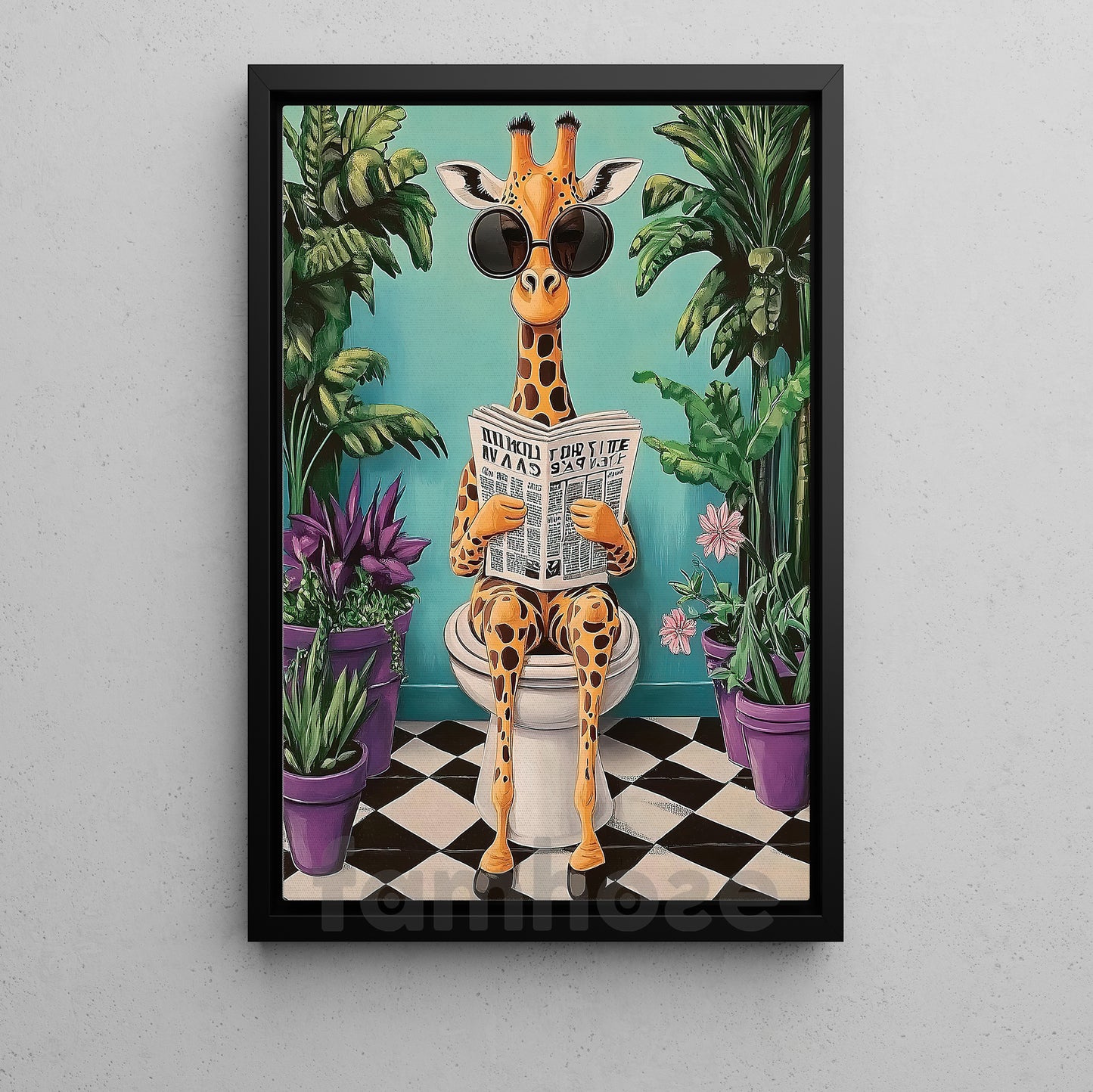 Funny Giraffe Toilet Canvas Painting, Cool Giraffe Reading Newspaper Bathroom Wall Art Decor, Restroom Poster Gift For Giraffe Lovers