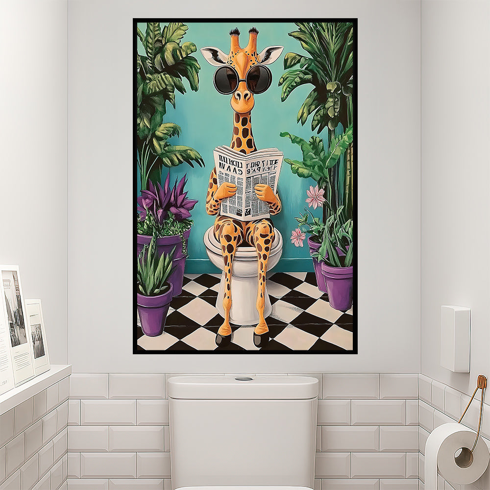 Funny Giraffe Toilet Canvas Painting, Cool Giraffe Reading Newspaper Bathroom Wall Art Decor, Restroom Poster Gift For Giraffe Lovers