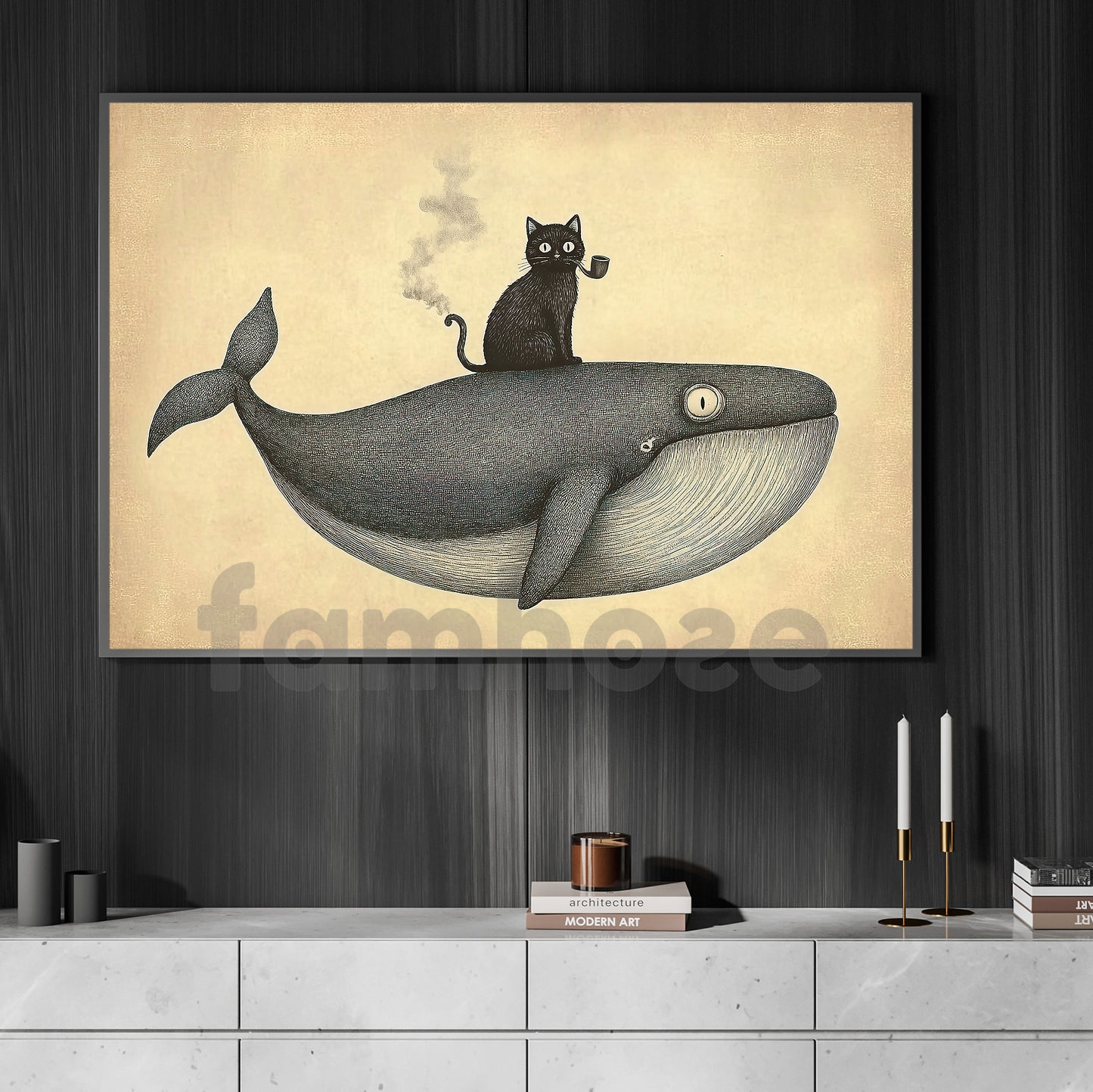 Cartoon Cat Whale Canvas Painting, Cat Riding A Giant Whale Wall Art Decor, Poster Gift For Cat Lovers, Whale Lovers