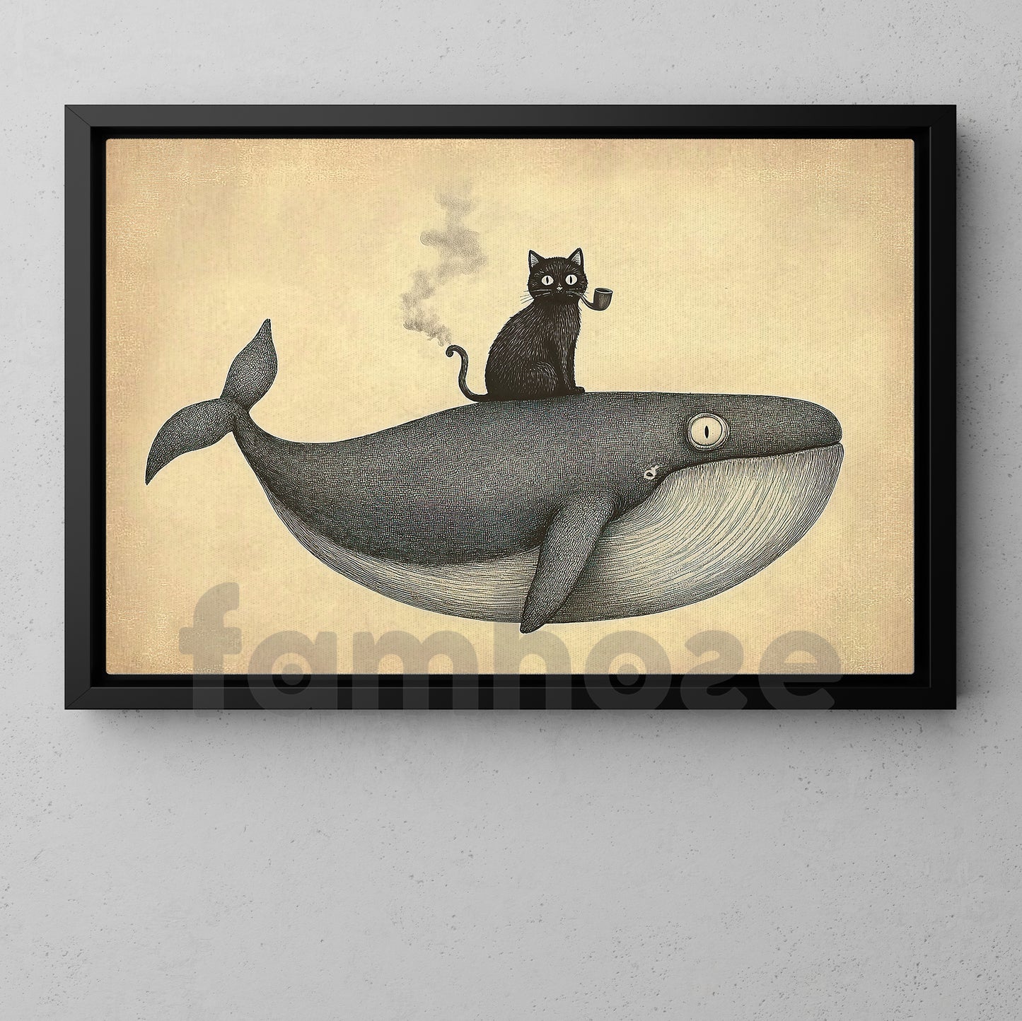 Cartoon Cat Whale Canvas Painting, Cat Riding A Giant Whale Wall Art Decor, Poster Gift For Cat Lovers, Whale Lovers