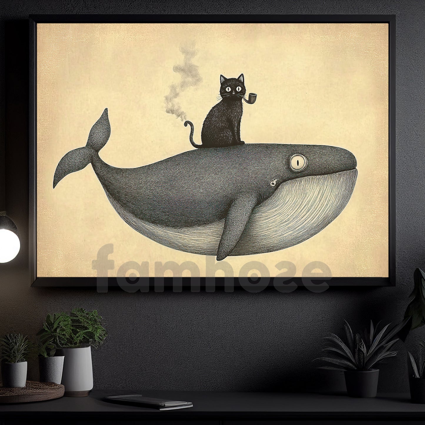 Cartoon Cat Whale Canvas Painting, Cat Riding A Giant Whale Wall Art Decor, Poster Gift For Cat Lovers, Whale Lovers
