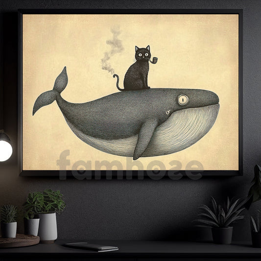 Cartoon Cat Whale Canvas Painting, Cat Riding A Giant Whale Wall Art Decor, Poster Gift For Cat Lovers, Whale Lovers