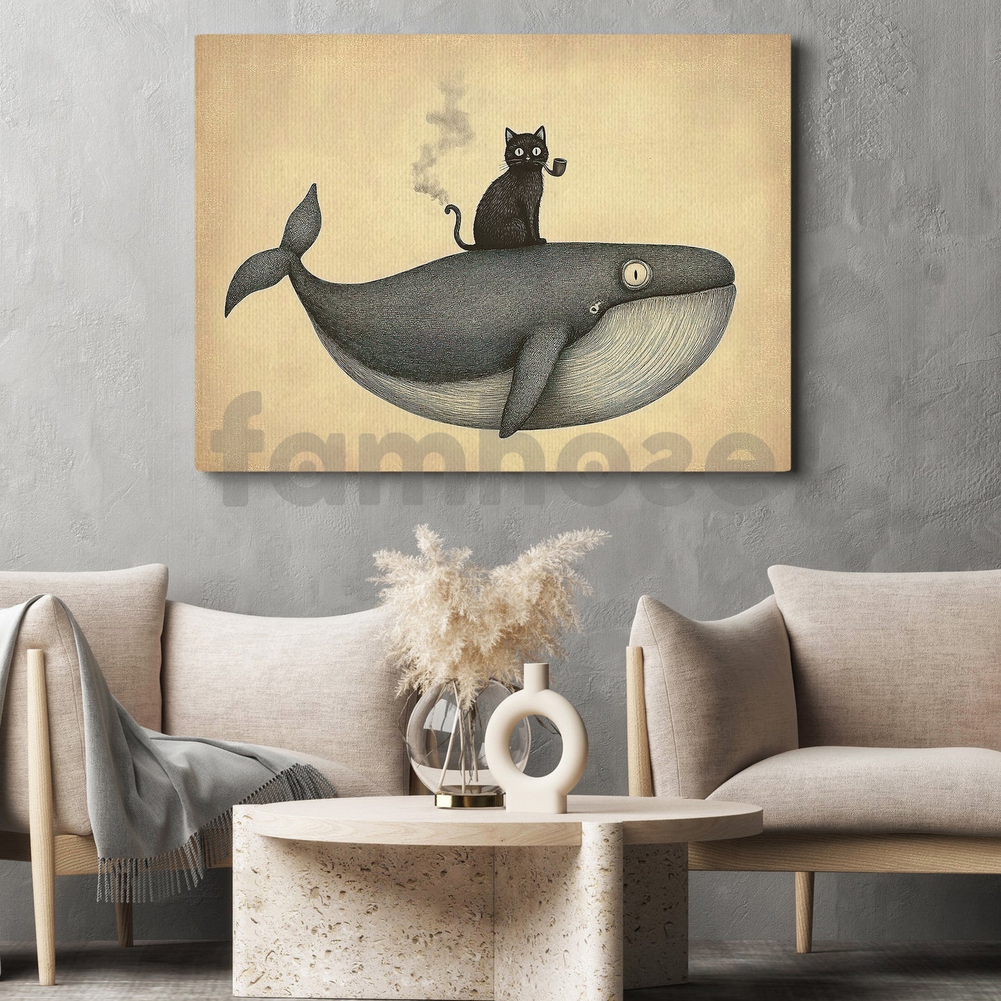 Cartoon Cat Whale Canvas Painting, Cat Riding A Giant Whale Wall Art Decor, Poster Gift For Cat Lovers, Whale Lovers
