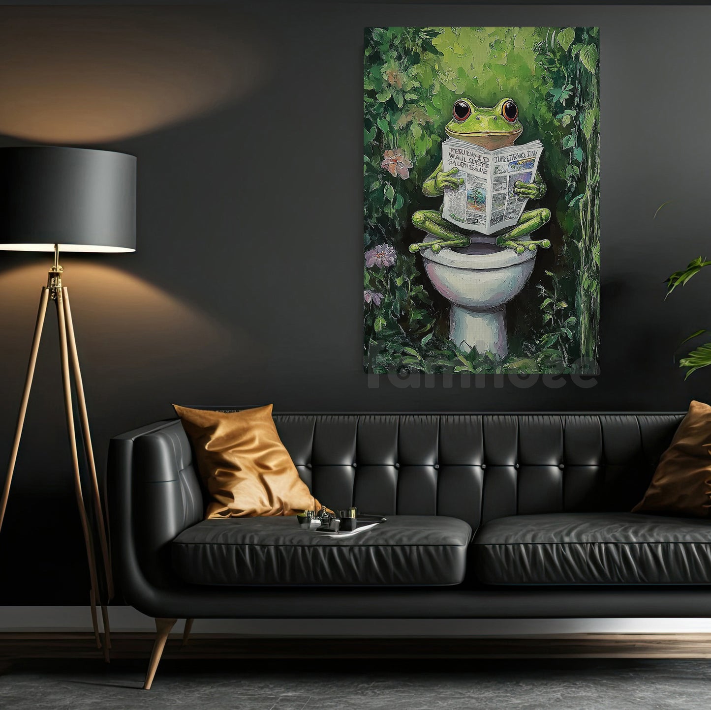 Funny Frog Toilet Canvas Painting, Cool Frog Reading Newspaper Bathroom Wall Art Decor, Restroom Poster Gift For Frog Lovers