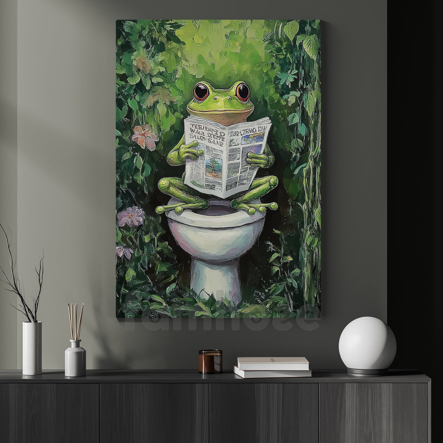 Funny Frog Toilet Canvas Painting, Cool Frog Reading Newspaper Bathroom Wall Art Decor, Restroom Poster Gift For Frog Lovers