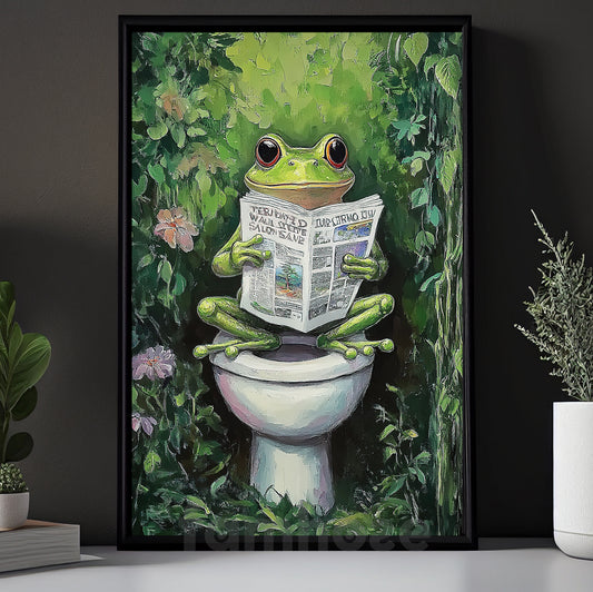 Funny Frog Toilet Canvas Painting, Cool Frog Reading Newspaper Bathroom Wall Art Decor, Restroom Poster Gift For Frog Lovers