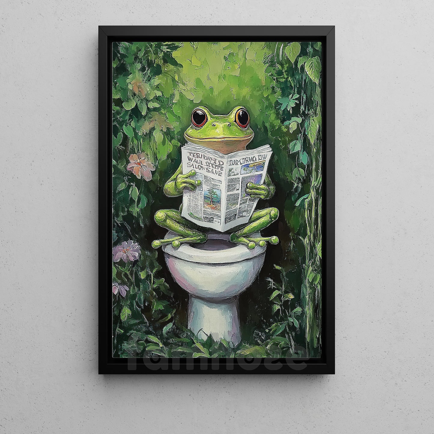 Funny Frog Toilet Canvas Painting, Cool Frog Reading Newspaper Bathroom Wall Art Decor, Restroom Poster Gift For Frog Lovers
