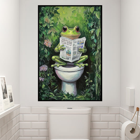 Funny Frog Toilet Canvas Painting, Cool Frog Reading Newspaper Bathroom Wall Art Decor, Restroom Poster Gift For Frog Lovers