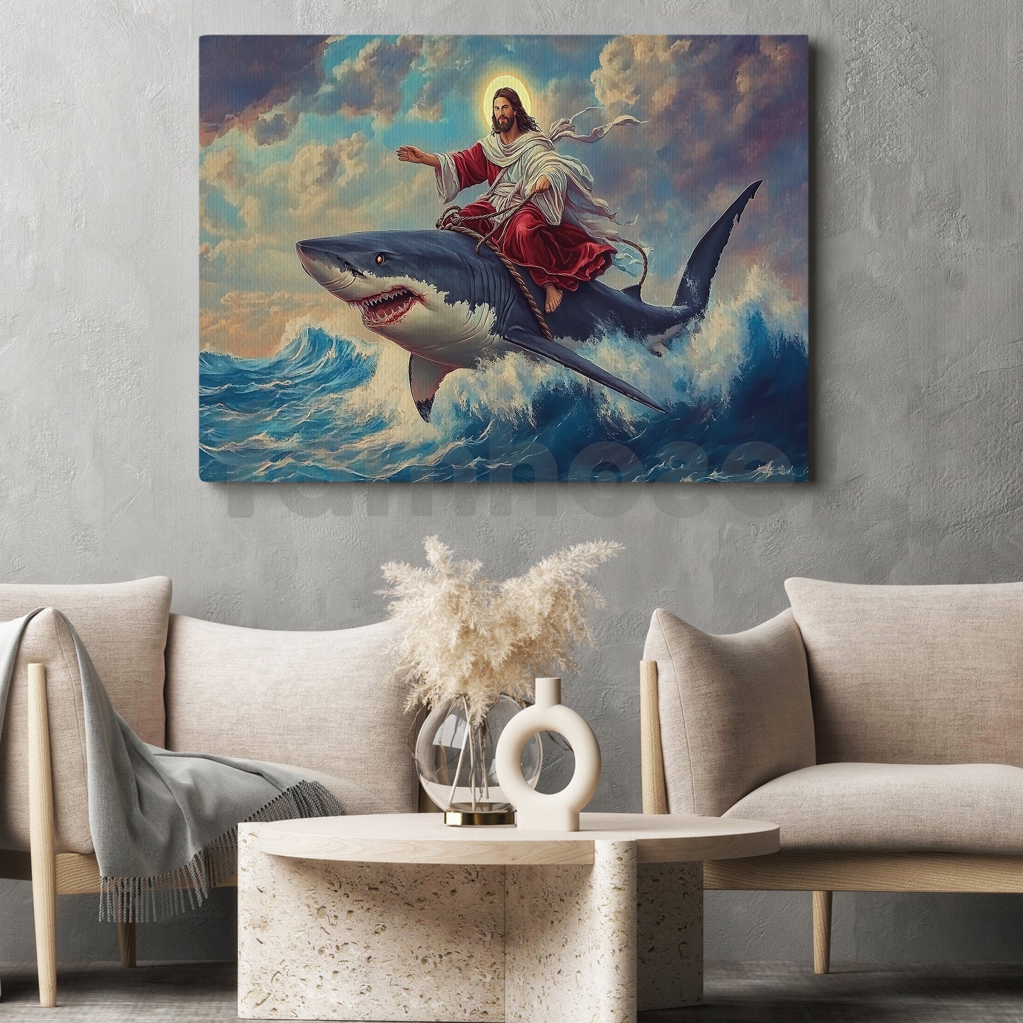 Funny God Shark Canvas Painting, Dreamscape Ocean Wall Art Decor, Poster Christian Gift For Shark Lovers