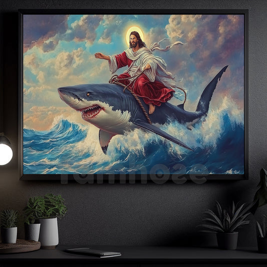Funny God Shark Canvas Painting, Dreamscape Ocean Wall Art Decor, Poster Christian Gift For Shark Lovers