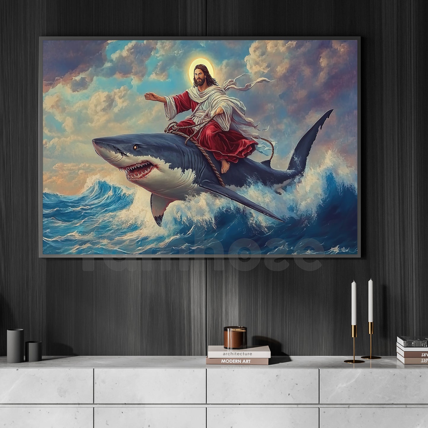 Funny God Shark Canvas Painting, Dreamscape Ocean Wall Art Decor, Poster Christian Gift For Shark Lovers