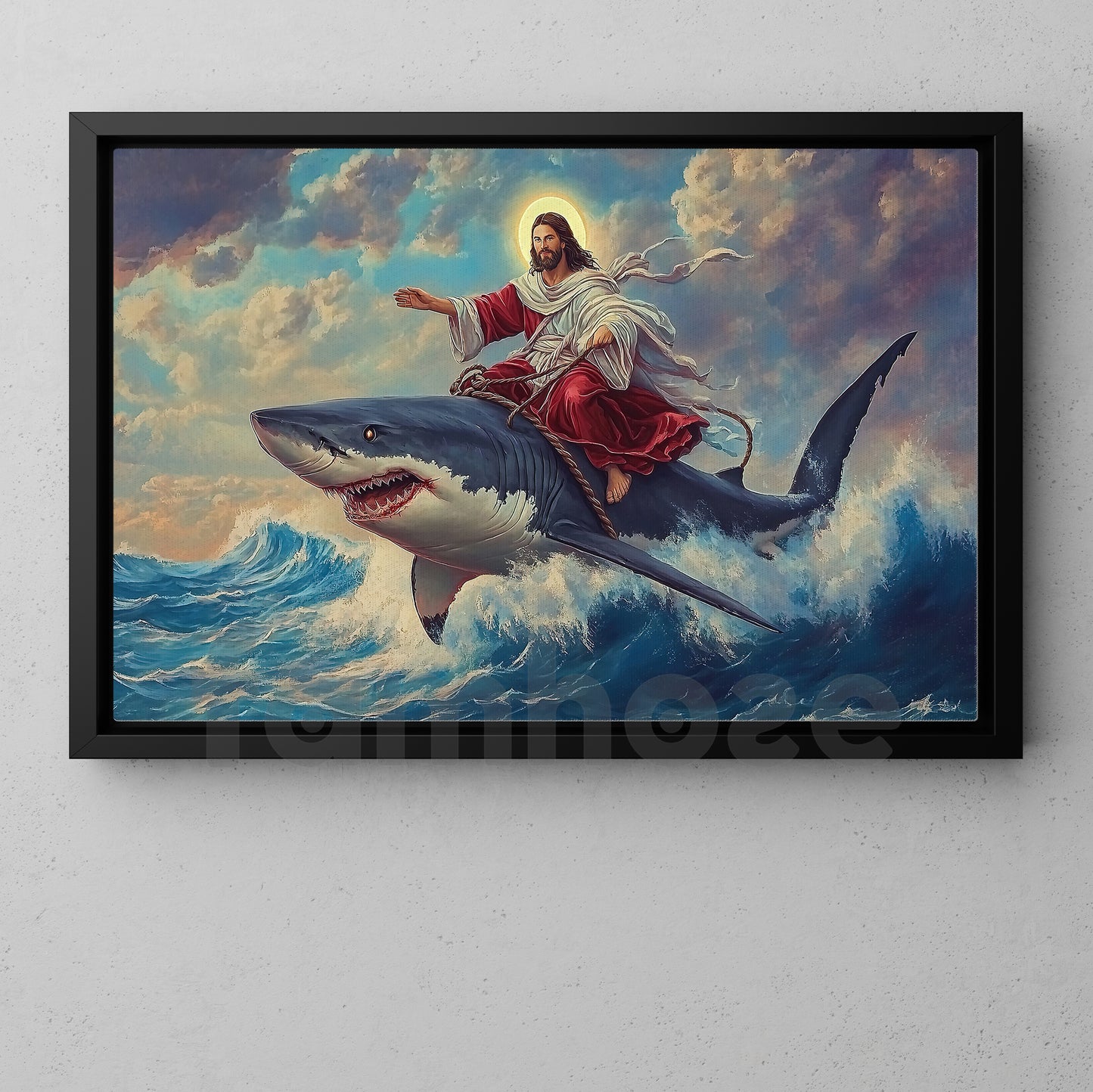 Funny God Shark Canvas Painting, Dreamscape Ocean Wall Art Decor, Poster Christian Gift For Shark Lovers