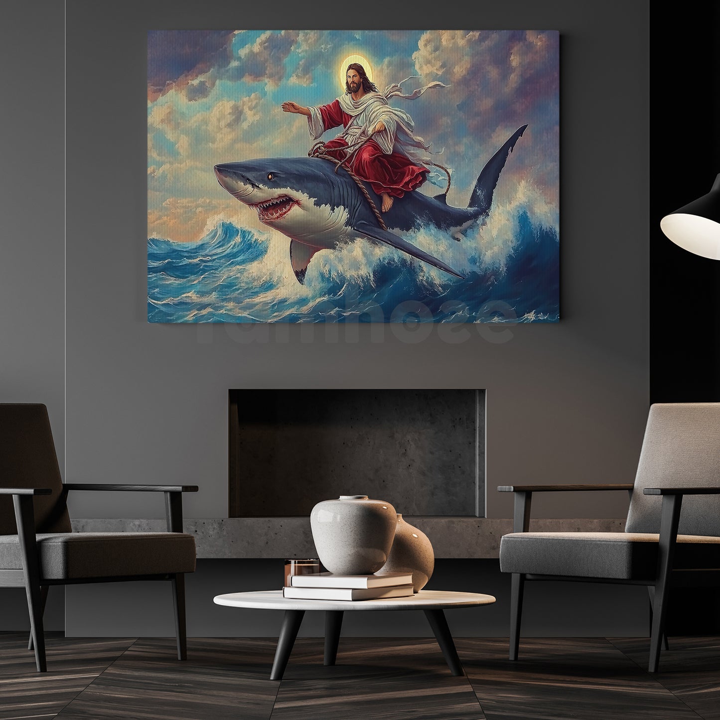 Funny God Shark Canvas Painting, Dreamscape Ocean Wall Art Decor, Poster Christian Gift For Shark Lovers